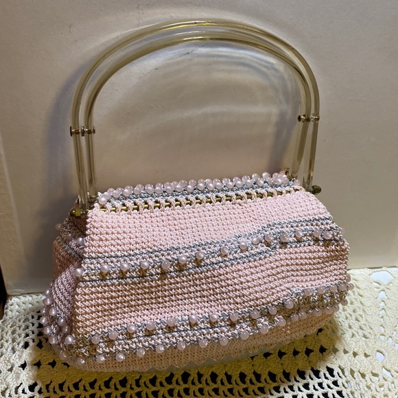 Handmade repurposed crocheted and beaded handbag with acrylic handles - Picture 1 of 10